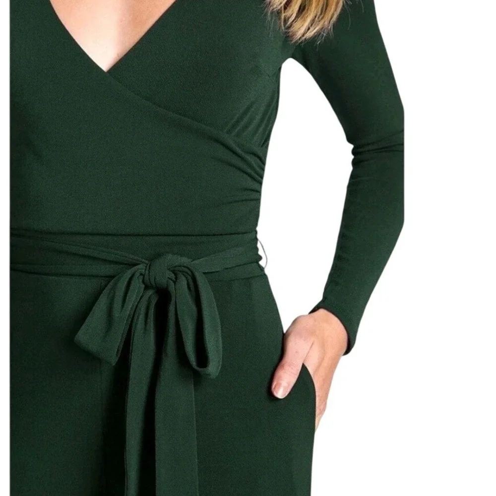 NWT ModCloth Dark Green Surplice Long Sleeve Wide Leg Jumpsuit XXS‎ Retro Party